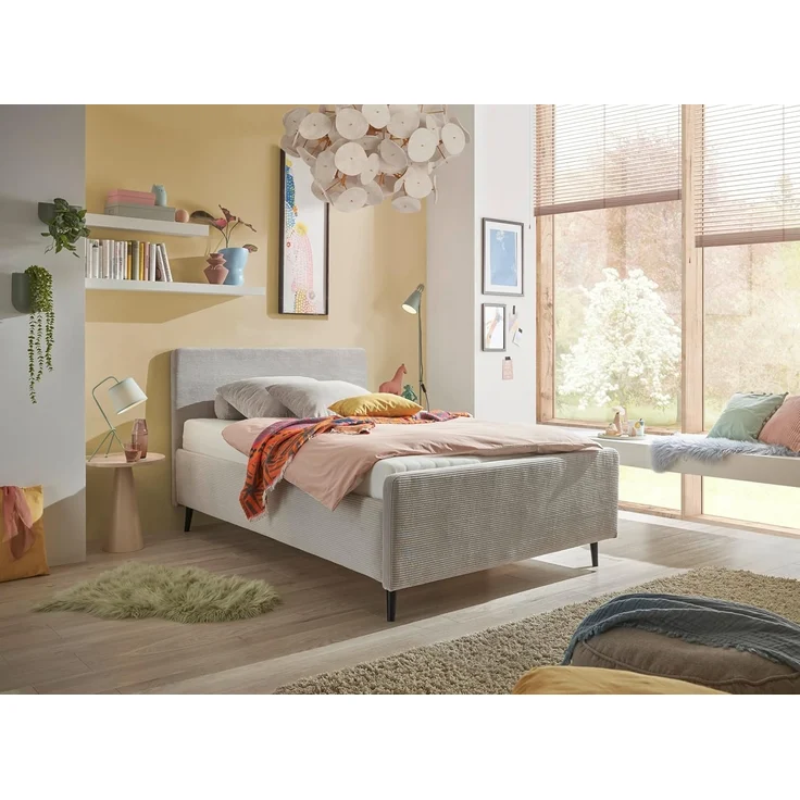 Stella Trading Peach Polsterbett Bettgestell 140x200, Silber - Modernes Einzelbett in Cord-Optik mit Holzfüßen - 149 x 108 x 215 cm (B/H/T)