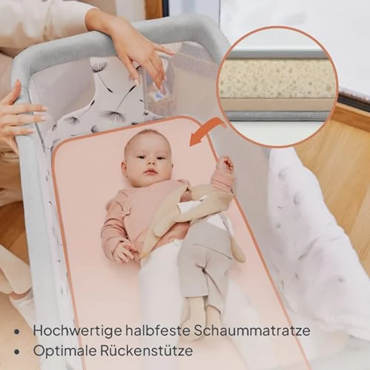 Lionelo Aurora 3 in 1 Babybett bis 9 kg, Beistellbett, Wiege, Höhenverstellug und Einstellung der Neigung der Matratze, 4 Räder mit Bremse Ergonomische Matratze Tasche – Bild 4