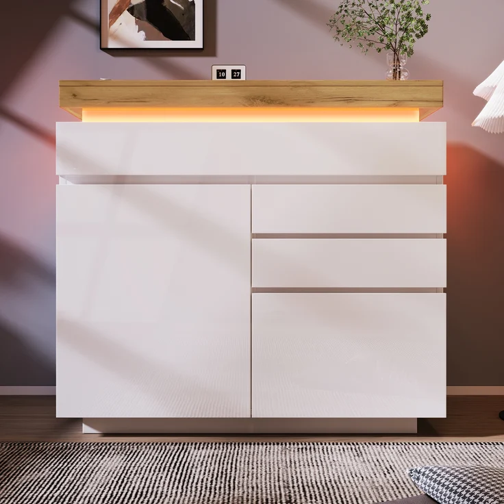 Sideboard Hochglanz mit LED (App/Touch), 2 Türen & 3 Schubladen, 110x39x115 cm, Weiß – Bild 3