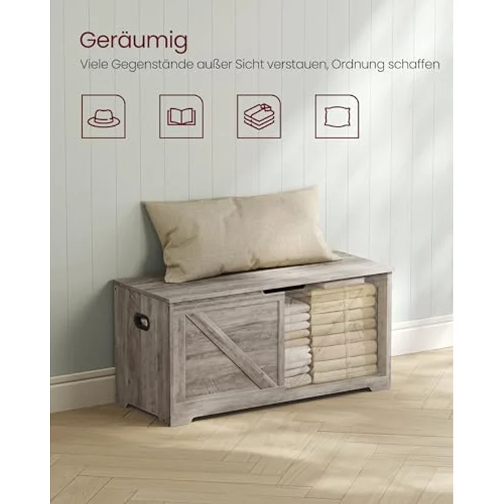 VASAGLE Schuhbank, Sitzbank mit Stauraum, Sitztruhe, 2 Sicherheitsscharniere, Aufbewahrungsschrank, Landhausstil, 40 x 100 x 46 cm, für Flur, Schlafzimmer, Wohnzimmer, Greige meliert LSB060K03 – Bild 6