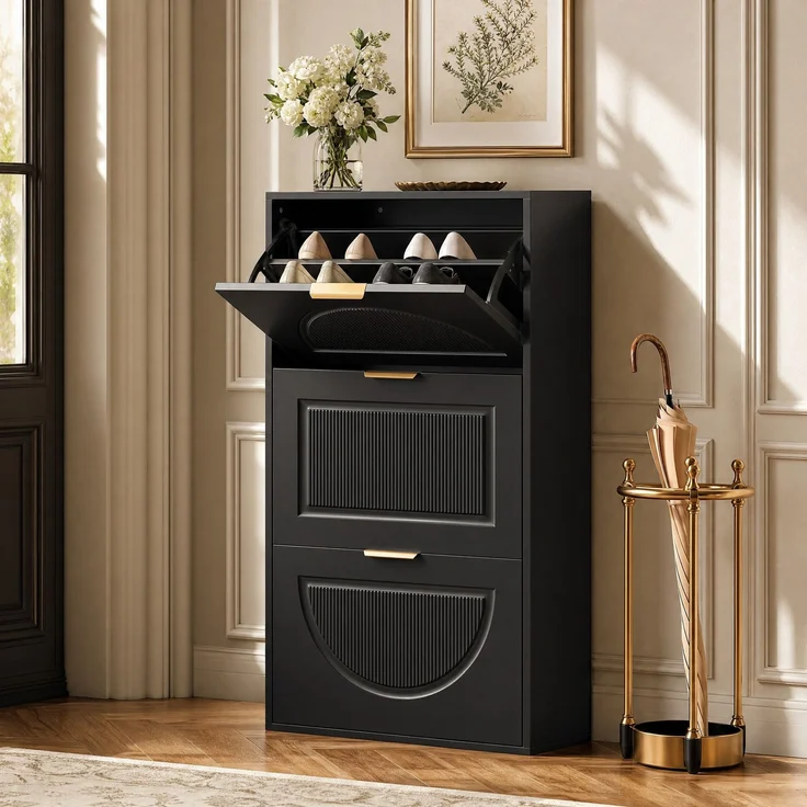 Kommode 60x24x114 cm, schmaler Schuhkipper in Schwarz aus MDF und Spanplatte, kippsicher – Bild 2