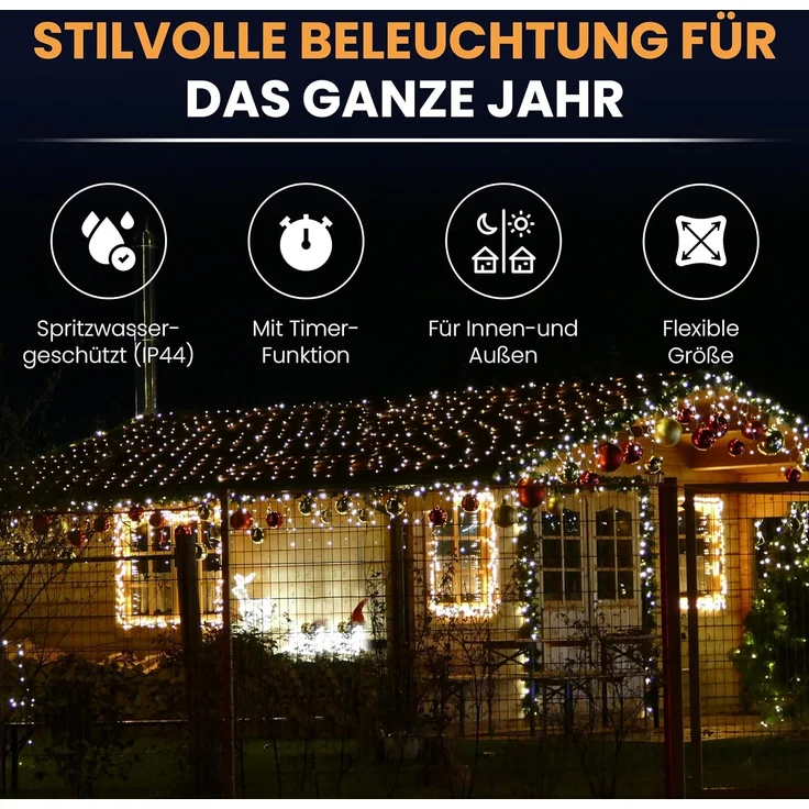 Gartenpirat LED-Lichternetz flexibel 3x2 m 4x2 m oder 3x3 m 200 LED warmweiß mit Timer-Funktion Lichterkette Netz Beleuchtung außen innen – Bild 2