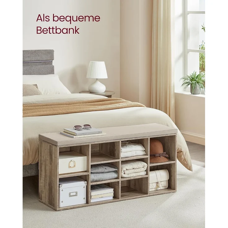 VASAGLE Schuhbank, Schuhregal mit Sitzfläche, Sitzbank mit Stauraum, gut gepolstert, Flurbank mit 10 Fächern, verstellbaren Ablagen, für Schlafzimmer, 30 x 104 x 48 cm, kamelbraun LHS010K02 – Bild 6