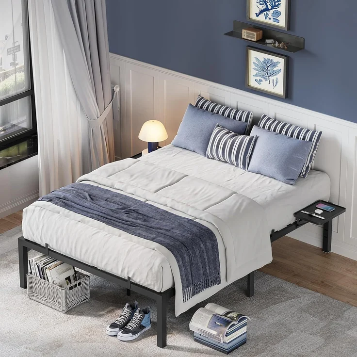 Vasagle Doppelbettgestell, Bettrahmen, Bettgestell aus Metall, mit Aufbewahrungsregalen, Gästebett, passend für 140x200 cm Matratze, einfache Montage, klassikschwarz RMBDE094B01 – Bild 1