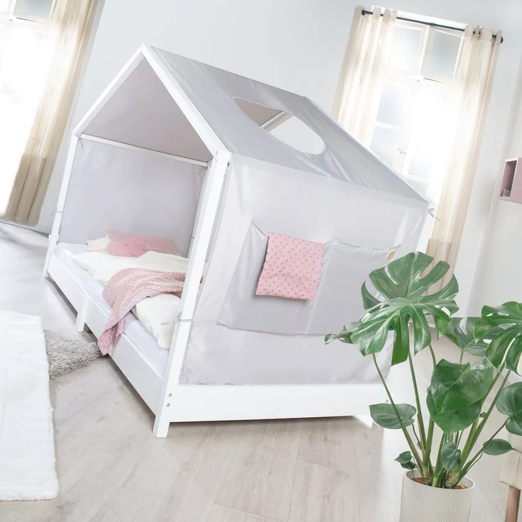 roba Bezug für Montessori Hausbetten 90 x 200 cm - Passendes Zubehör zum Umbau in Himmelbett - Inkl. 3 Aufbewahrungstaschen & Dachfenster - Hellgrau – Bild 3