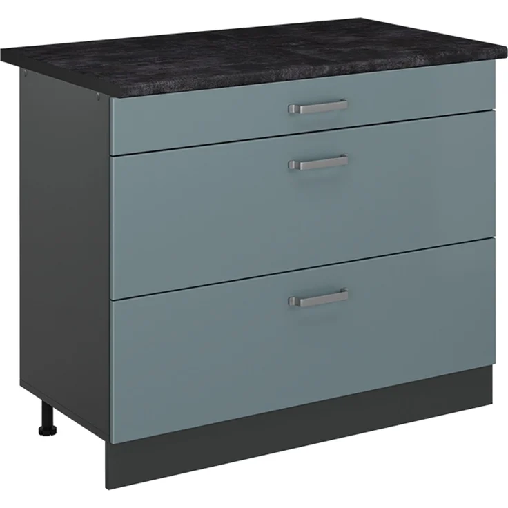 Küchenunterschrank R-Line Blau-Grau/Anthrazit 100 cm Arbeitsplatte Anthrazit Vicco – Bild 1