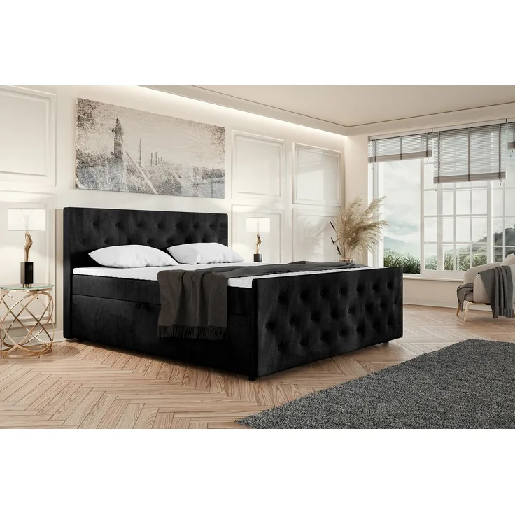 MEBLINI Boxspringbett PEDRO 180x200cm - H3B/Schwarz Samt - mit Bettkasten - Polsterbett - Doppelbett mit Topper & Bonellfederkern-Matratze