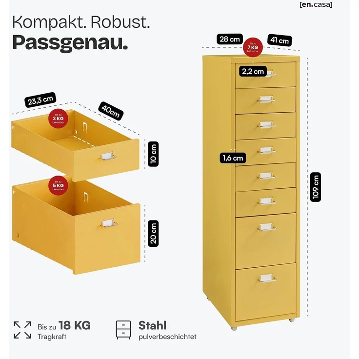 Rollcontainer Kökar mit 8 Schubladen 109x28x41 cm Gelb [en. casa] – Bild 2