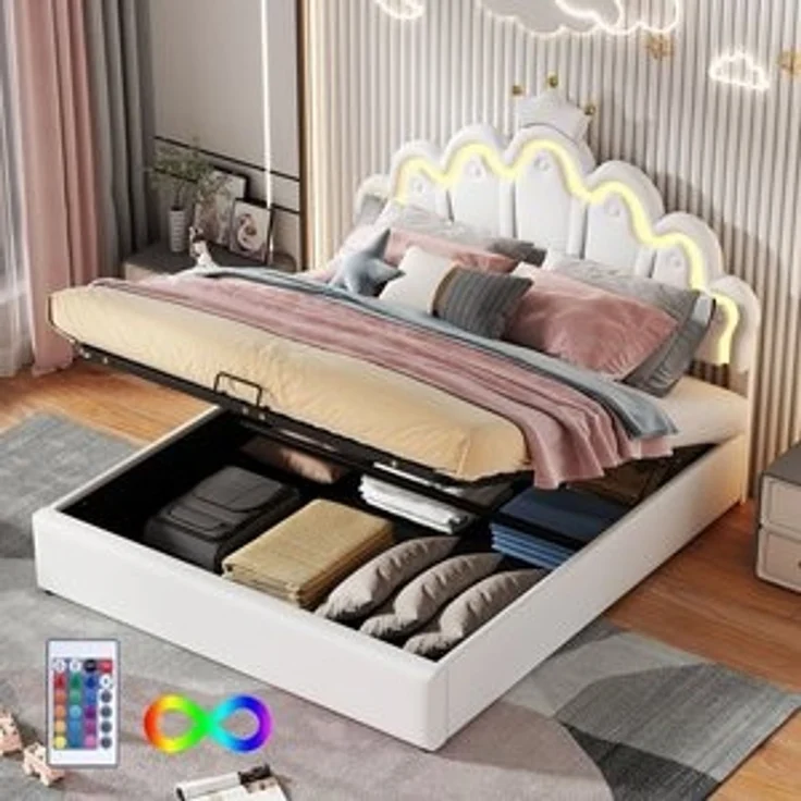 Flieks Polsterbett, LED Kinderbett Doppelbett mit krone-Form Prinzessinnenbett 140x200cm – Bild 6