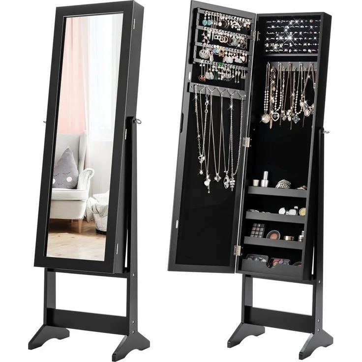 COSTWAY Schmuckschrank neigungsverstellbar, Schmuckregal mit Ganzk?rperspiegel, Schmuck Spiegelschrank Schwarz
