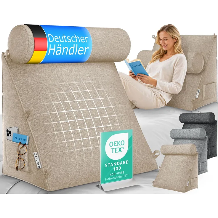 aktivshop Rückenkissen mit Nackenrolle für Bett & Sofa, 55x50x30cm, waschbarer Bezug