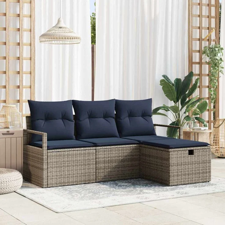 vidaXL Sofa Set 4 stk. 4-Sitzanzahl Grau und Marineblau Poly-Rattan 3359154 – Bild 1