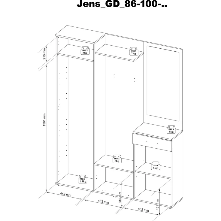 Kompaktgarderobe >Jens< in Viking Oak Dekor / Lichtgrau - 145x184x29cm (BxHxT) – Bild 9