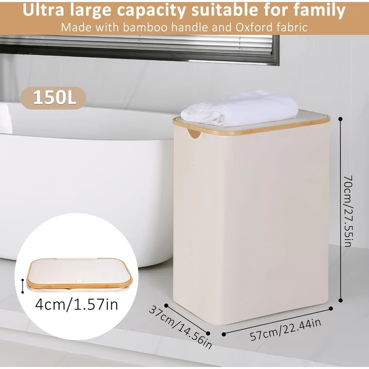 Wäschekorb 150L XL 2 Fächer Bambusgriff Deckel Beige Laundry Baskets – Bild 2