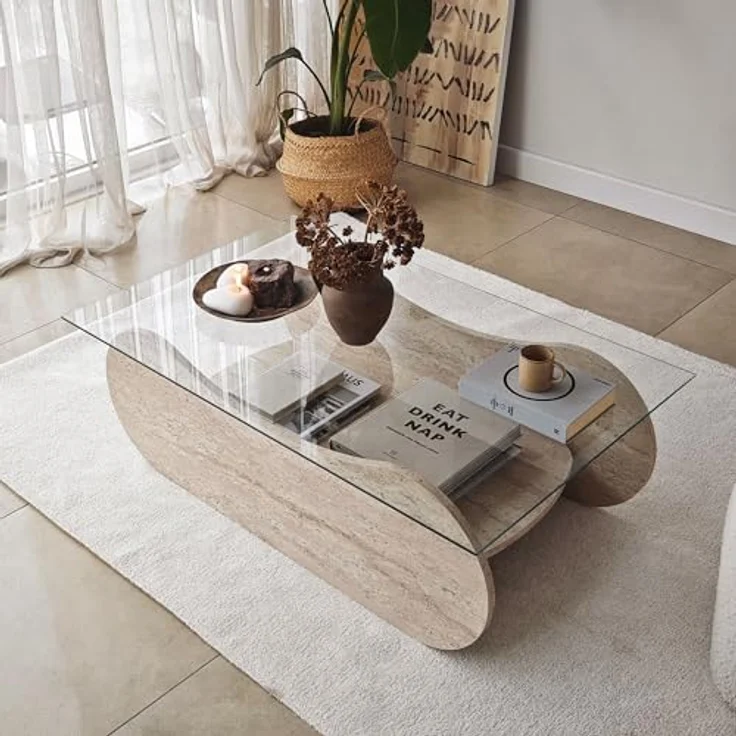Modern Coffee Table, 105 cm Width, 35 cm Height, 65 cm Depth | 100% Tempered Glass & Melamine Coated Frame | Elegant Travertine & Transparent Design – Bild 6