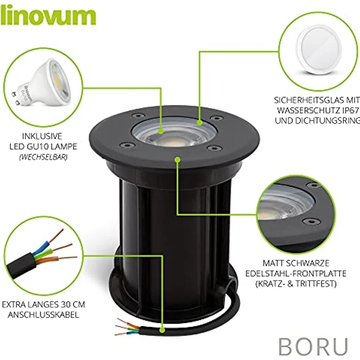 linovum LED Gartenstrahler BORU Bodeneinbaustrahler IP67 mit LED GU10 Lampe 2W warmweiss - Spot, Warmweiß – Bild 4
