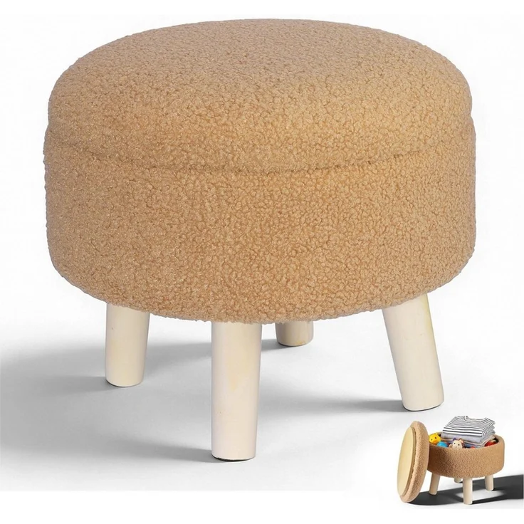 BlingBin Fußhocker mit Stauraum, Kleiner Stauraum, Ottomane, Teddy-Fleece Runder Hocker (1 Stück, 1 St, 34 x 31,5 cm), weiche hocker mit stauraum für Wohnzimmer, Schlafzimmer – Bild 1