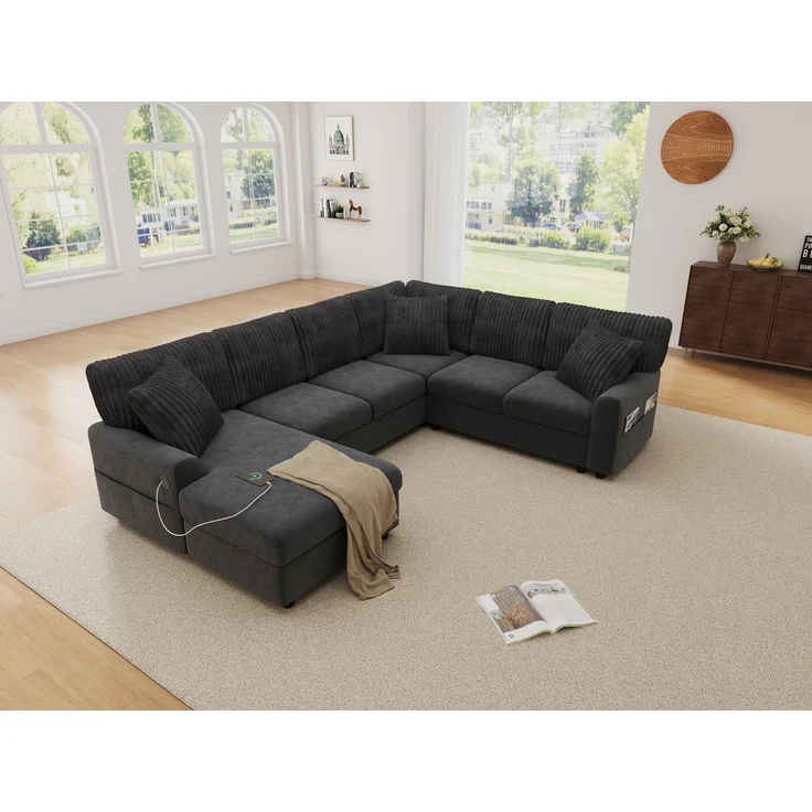 ZUBALIYA Modulare Wohnlandschaft, mit USB-C-Anschluss, H 83 × T 196 × B 249 cm, Grau, Chenille / Cord – Bild 7