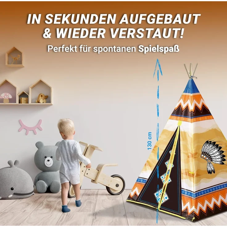 Indianerzelt Wigwam Kinder Spielzelt Tipi mit Indianer Motiv drinnen und draußen – Bild 5