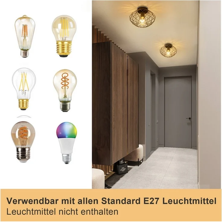 Nettlife Deckenleuchte Schwarz Vintage Kaefig Deckenstrahler E27 Lampenfassung Metall, LED wechselbar, Einzeln Esszimmerlampe für Wohnzimmer Küche Schlafzimmer Flur – Bild 2