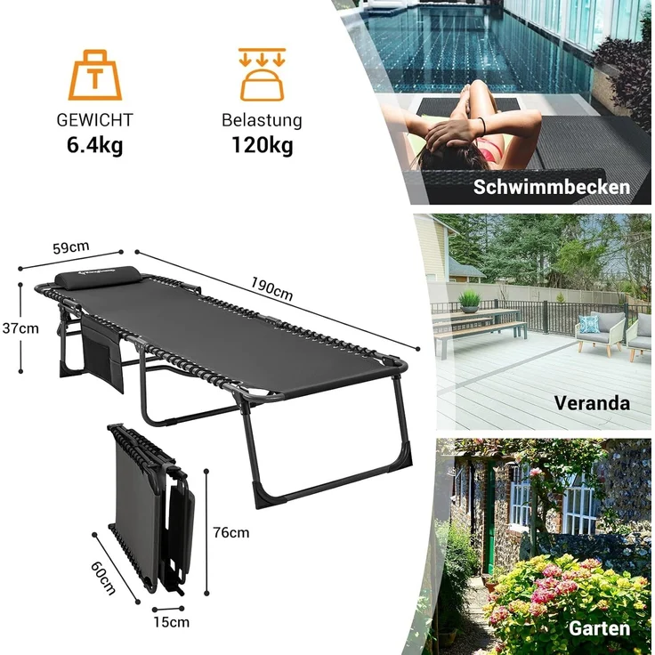 KingCamp Sonnenliege Klappbar 2er Set Gartenliege Campingliege 5-Stufig Verstellbarer Rückenlehne Liege Gartenstuhl Strandliege Camping Klappbett mit Kopfkissen für Garten Urlaub Outdoor Strand Pool – Bild 3