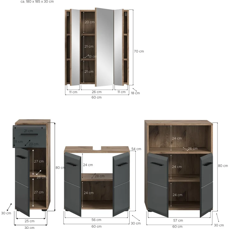 Badkombination (B/H/T: 180x185x30 cm) in schwarz matt und Nox Oak Nachbildung – Bild 4
