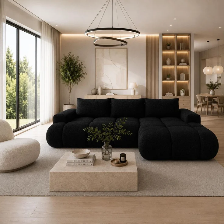 KRISAN MÖBEL Ecksofa BUBBLE in Schwarz mit Schlaffunktion & Ottomane rechts, modernes Polstersofa, 275 × 73 x 170 cm, Liegefläche 160 × 216 cm – Bild 5