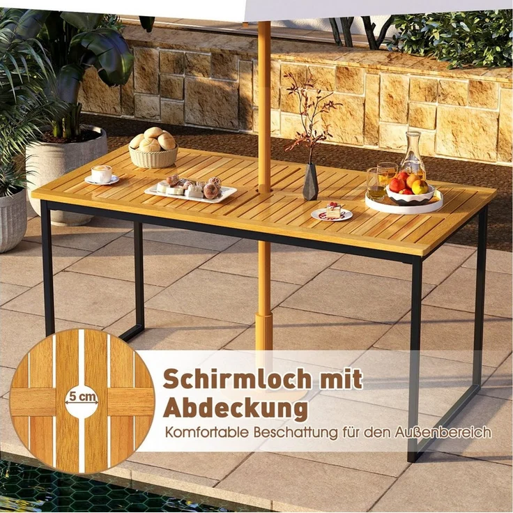 COSTWAY Gartentisch, mit Schirmloch, 140cm, 6 Personen, rechteckig Esstisch Akazie