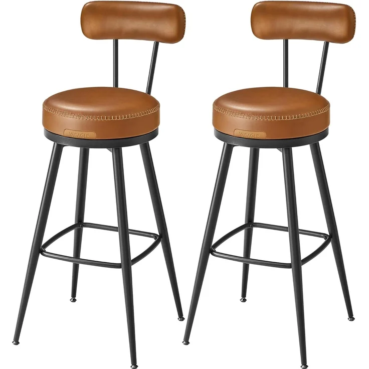 VASAGLE EKHO Kollektion - 360° drehbarer Barhocker, 2er Set, Hocker mit Rückenlehne für Bartisch, Kunstleder mit Nähten, Mid-Century-Modern-Stil, 76 cm hoch, Küche, Hausbar, karamellbraun LBC889K01 – Bild 1
