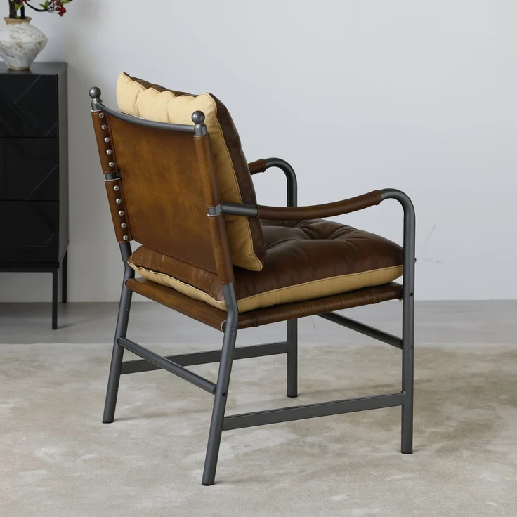 Leder Akzent Stuhl, Mid Century Modern Armstuhl mit schwarzem Metallrahmen, Single Sofa Stuhl für Wohnzimmer Schlafzimmer--Braun--60x62x90cm--YOUDENOVA – Bild 8