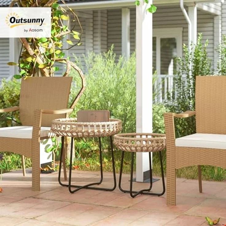 Outsunny Beistelltisch mit X-Beine, verstellbare Fußpads (rund wetterfest Gartentisch, 2-St, 2er Set Balkontisch aus Polyrattan), Ø60,41 cm für Garten, Balkon, Braun – Bild 2