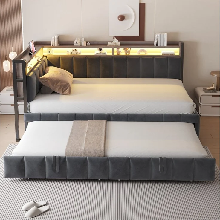 Merax Daybett 90x200cm Schlafsofa mit LED-Beleuchtung & USB-Anschluss (Sofabett Jugendbett Kinderbett, 1 tlg), Polsterbett Samtstoff Tagesbett mit Ausziehbett Stauraum Ablagefächern – Bild 1
