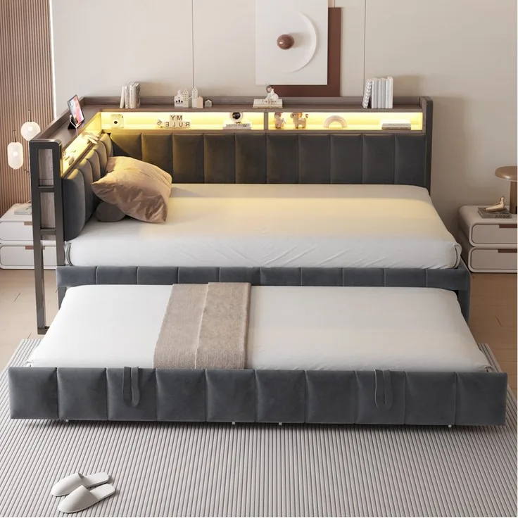 Merax Daybett 90x200cm Schlafsofa mit LED-Beleuchtung & USB-Anschluss (Sofabett Jugendbett Kinderbett, 1 tlg), Polsterbett Samtstoff Tagesbett mit Ausziehbett Stauraum Ablagefächern