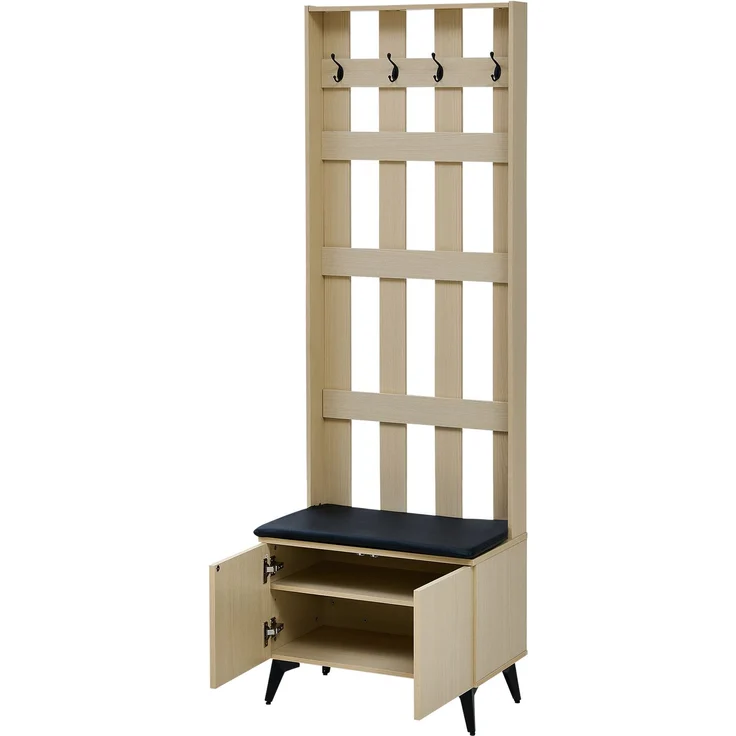 Garderobe mit Sitzbank, B 60 x T 35 x H 179,5 cm, MDF in heller Holzoptik und schwarzen Stahlbeinen – Bild 6