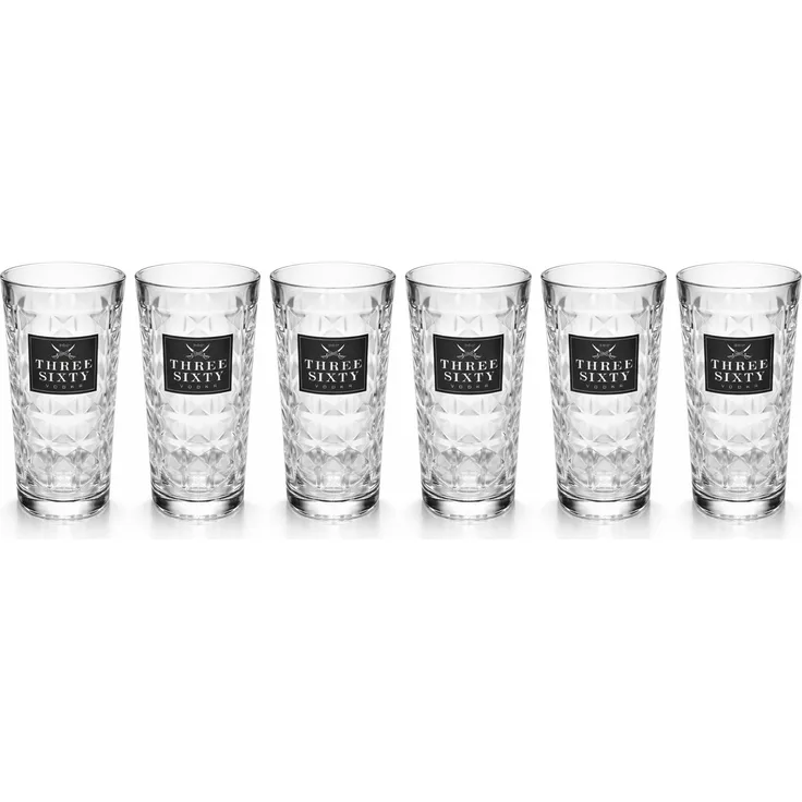 Three Sixty Vodka Longdrinkgläser 6er Set 0,3L geeicht – oben rund, mit Logo, strukturierte Glasoptik