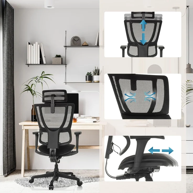 hjh OFFICE Bürostuhl ergonomisch ERGOHUMAN Slim ECO F GEN2 Originales Design, Bürosessel mit Flexibler Lendenwirbelstütze, gepolsterte Sitzfläche, Schwarz – Bild 6