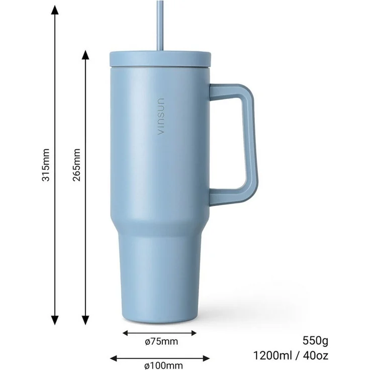 Vinsun Thermobecher Edelstahl Tumbler 1200ml 40oz - Isolierbecher mit Strohhalm und Henkel, 5-tlg, Edelstahl, Doppelwandig isoliert, BPA frei, bruchfest, Kalt- und Heißgetränke – Bild 2
