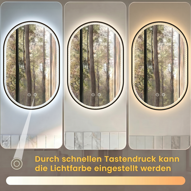 50×80 cm ovaler Badezimmerspiegel mit LED-Beleuchtung, Antibeschlagfunktion, 3 einstellbaren Farbtemperaturen und einstellbarer Helligkeit, mit Diamanten und schwarzem Rahmen--Schwarz--50x80x4cm--YOUDENOVA – Bild 3
