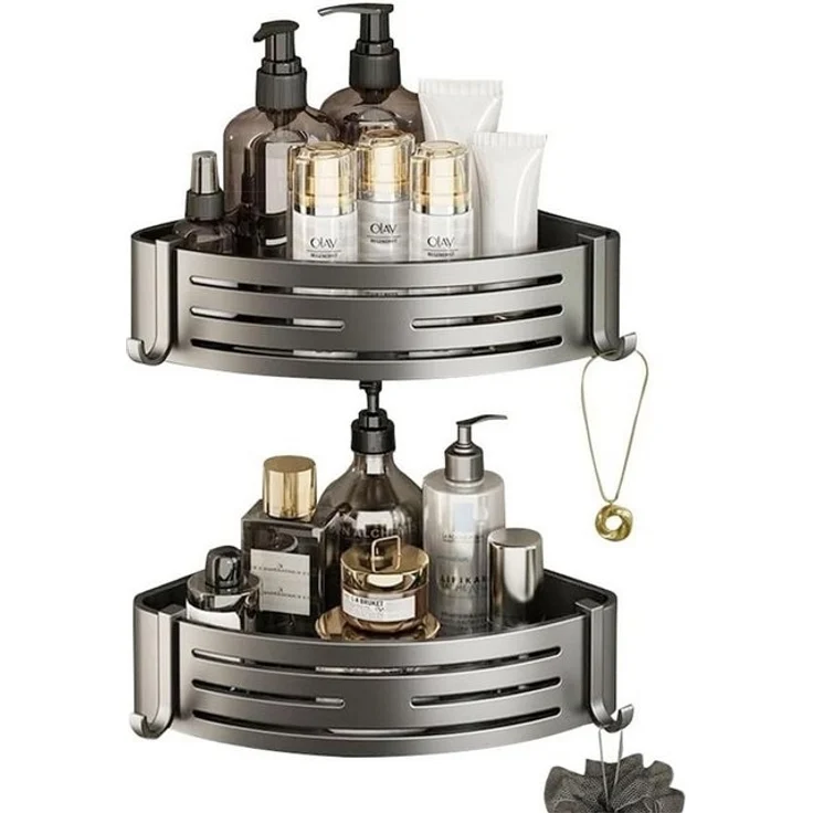 SURFOU Badregal Ecke Duschablage Ohne Bohren 2-Stück Duschregal Badezimmer Organizer, mit 4 Klebeflächen und 4 Haken 2-tlg, Rostfreier Edelstahl, für Bäder Küchen Duschgel (Grau & Schwarz) – Bild 4