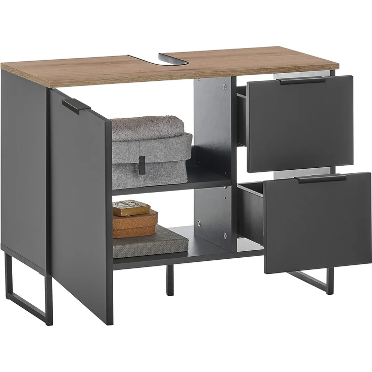 Waschbeckenunterschrank >Denver< 1 Tür, 2 Schübe, schwarz matt / evoke eiche Dekor - 80x60x35 (BxHxT) – Bild 2