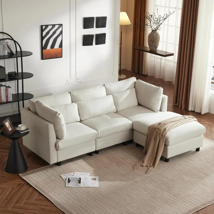 Sofa 3 Sitzer L Form Schlaffunktion Fußhocker 3 Kissen 1-beige Leinen
