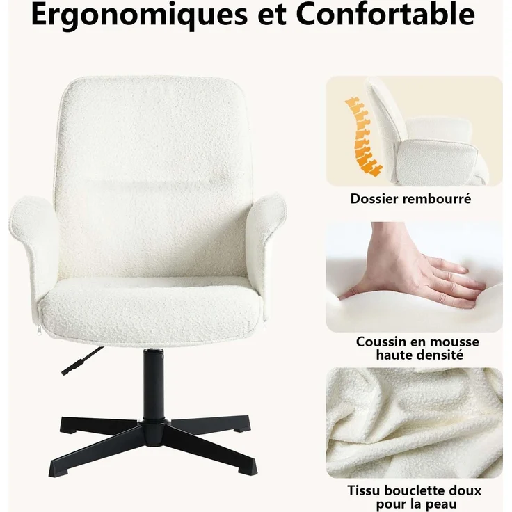 MEUBLE COSY Sessel Lehnstühle Lounge Cocktailsessel Bürostuhl mit höhenverstellbar Armlehnen 360° Drehbar Schminkstuhl Polsterstuhl für Schlafzimmer Wohnzimmer Büro Vanity, Bouclé Frottier, Weiß – Bild 6