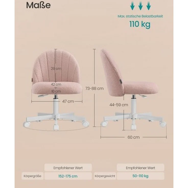 SONGMICS Schminkstuhl, Bürostuhl, Fleece-Oberfläche, höhenverstellbar, kompaktes Design, weiß – Bild 5