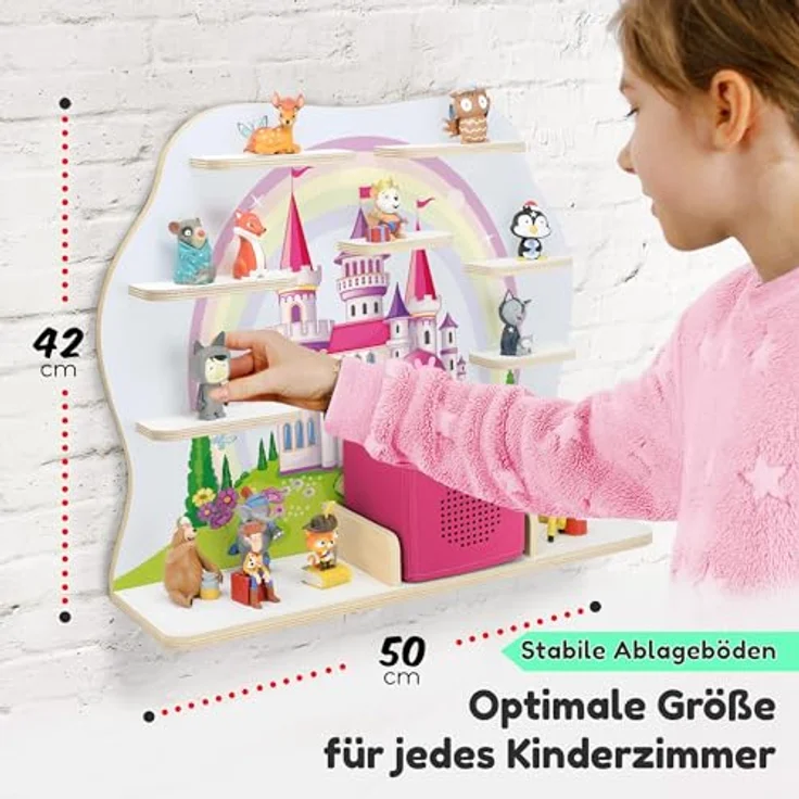 stadtecken Holzregal für Musikbox I Geeignet für die Toniebox und ca. 50 Tonies I Perfekte Tonie Aufbewahrung im Kinderzimmer I Zum Aufstellen oder Aufhängen I Märchenschloss, groß – Bild 3