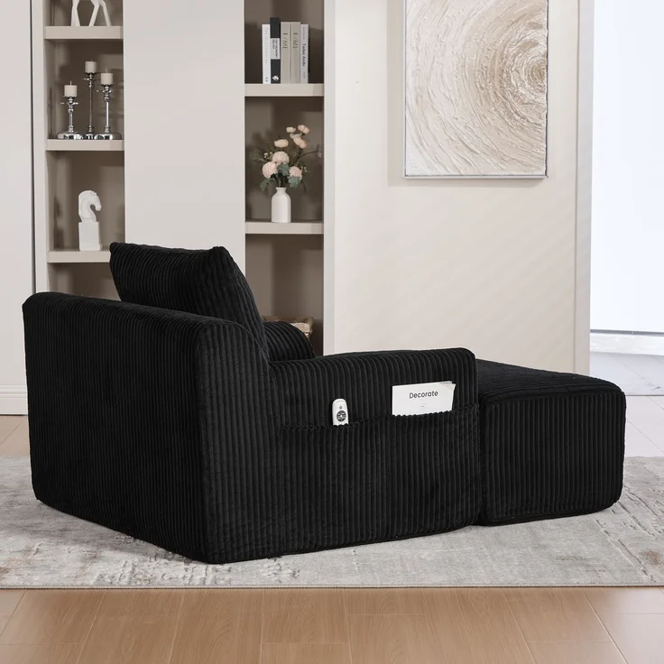 Sessel Cord mit Fußhocker, 147 x 110 x 67 cm,Relaxsessel mit Stauraumtaschen & Federkern, kein Aufbau,Schwarz – Bild 4