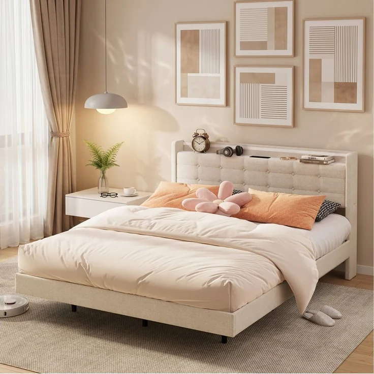Bealife Polsterbett Einzel- & Doppelbett, Bettgestell mit beleuchtetem Kopfteil & Stauraum (2 Modelle (140x200, 160x200) – Bild 1