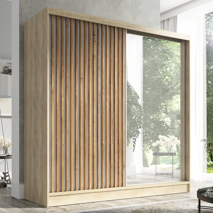 A&J MöbelLand 'LINA' Schwebetürenschrank, mit 3 Schubladen, 3D-Lamellen und Spiegel, MDF Sonoma, 215 x 60 x 200 cm – Bild 2