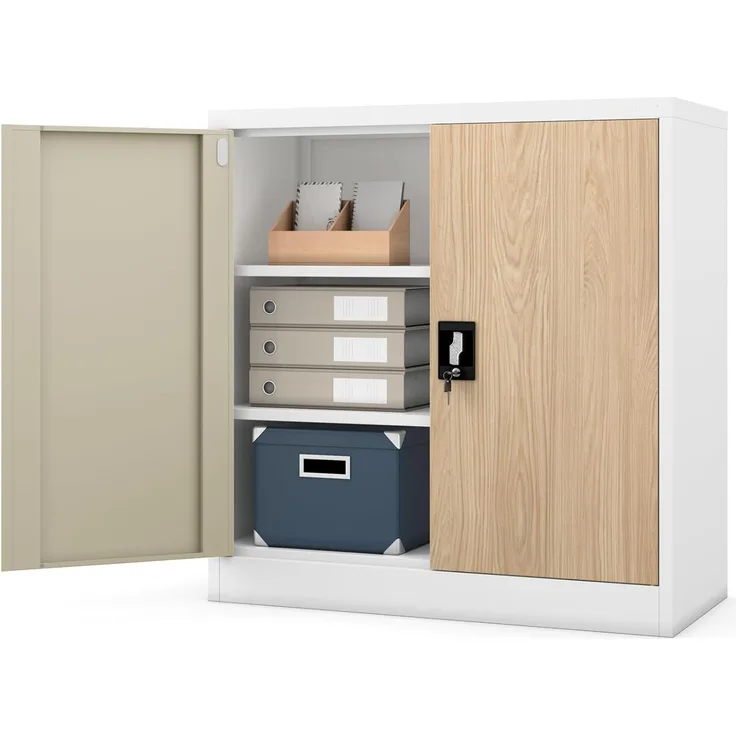 Kleiner Aktenschrank C001B Büroschrank mit Flügeltüren Metallschrank Lagerschrank Pulverbeschichtet Stahlblech Abschließbar 92,5 x 90 x 40 cm (H x B x T) (Holzoptik-Weiß)