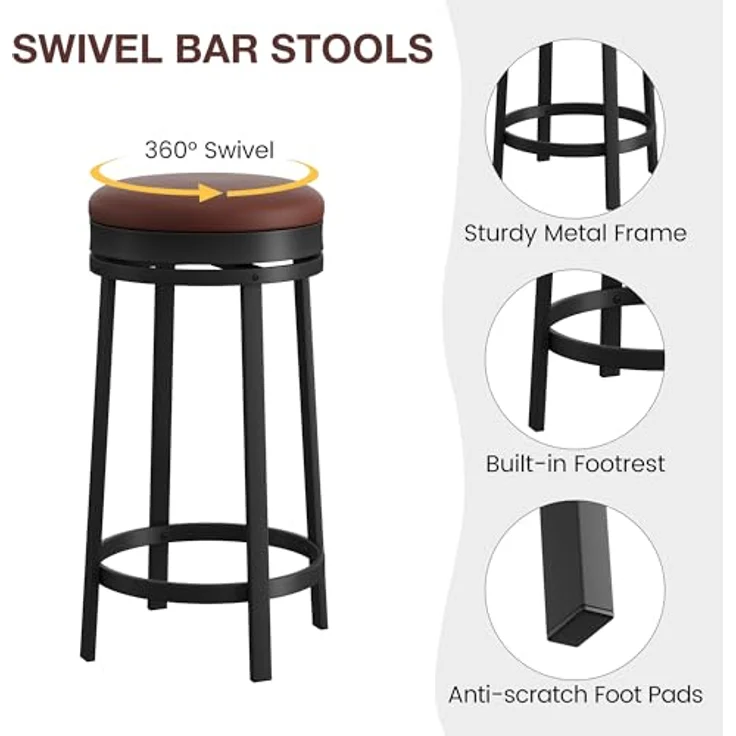 GarveeHome 360°Drehbar Runde Barhocker 2er Set, 62cm Hoch Barstühle mit Fußstütze, Küchenthekenhocker mit PU-Kunstleder und Metallrahmen, Hocker für Bartisch, Küchenstühle für Küche/Bar, Braun – Bild 8