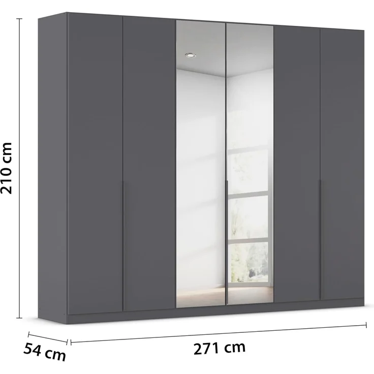 Rauch Möbel Alabama, Kleiderschrank, Garderobenschrank, 6-türig, Spiegel, Zubehör Classic, 3 Kleiderstangen, 6 Einlegeböden, Farbe Grau metallic, Schwarz, Griff Grau metallic, 271 x 210 x 54 cm – Bild 3